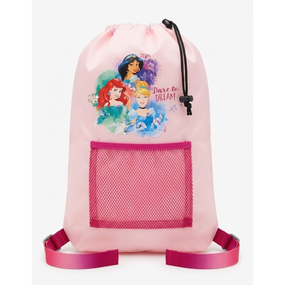 Disney Princess Pink Drawstring Backpack Ariel Cinderela Jasmine Mesh Pocket Bag